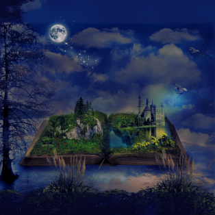 an open book with a fantasy scence scape coming out of it - bright moon, castle, moot, waterfall etc