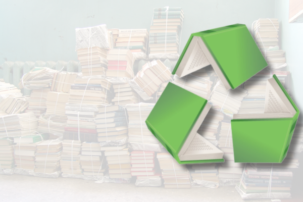 Background is stacks of bundled books - Foreground is image of 3 green books in the recycle, reuse, reduce symbol
